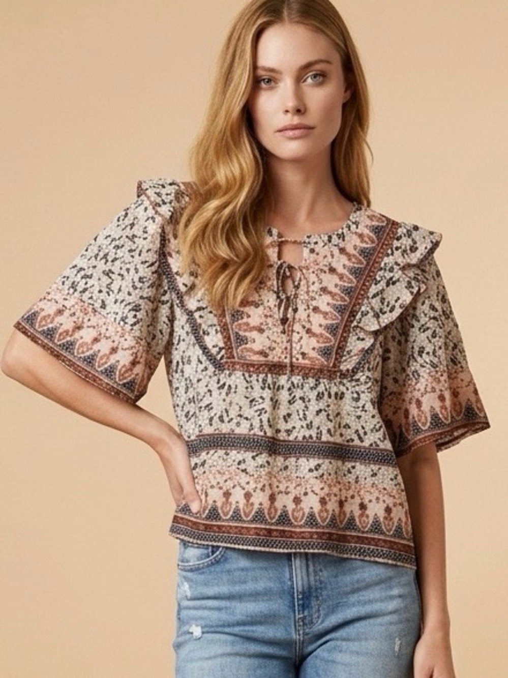 Calypso St. Barth Blush and Cream Boho Ruffle Peasant Top